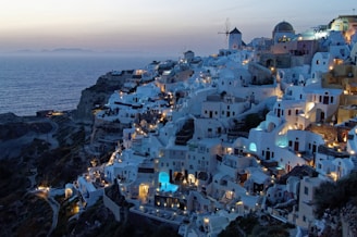 white and brown houses on top of mountain near body of water during daytime