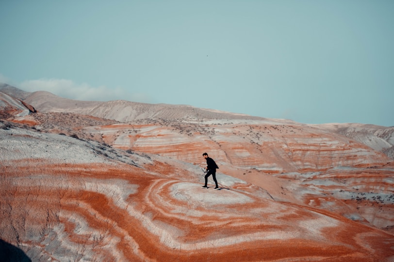 person in black jacket walking on brown field during daytime