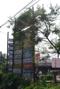 A tall wooden signpost partially covered by foliage displays numerous signs for various hotels and resorts. The signs are colorful, with names like Hotel Hermitage and Jungle Resort, indicating a focus on nature-themed accommodations. The area around the signpost is lush with greenery, and a few buildings and bicycles are visible in the background, suggesting a rural or nature-adjacent setting.