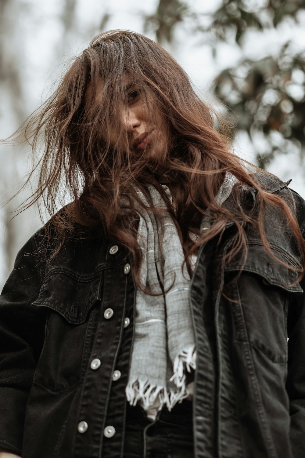 woman in black leather jacket