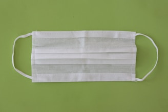 A white disposable face mask with ear loops is placed against a plain green background. The mask appears clean and unused, its folds and pleats clearly visible.