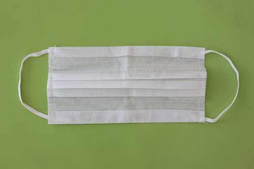 A white disposable face mask with ear loops is placed against a plain green background. The mask appears clean and unused, its folds and pleats clearly visible.