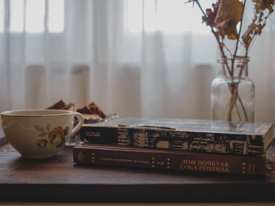 A serene still life setup featuring a vintage teacup, a stack of worn books, and soft natural light casting gentle shadows.