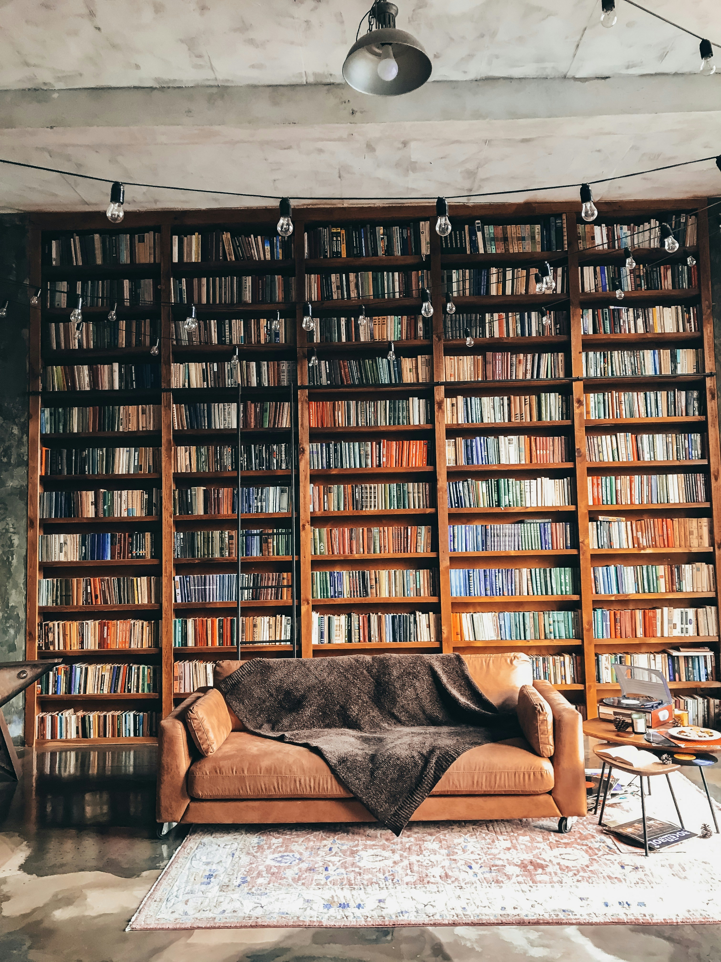 brown wooden book shelves with books