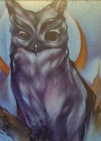 An artistic representation of a wise owl wearing headphones.
