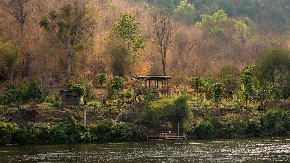 brown wooden house near body of water during daytime