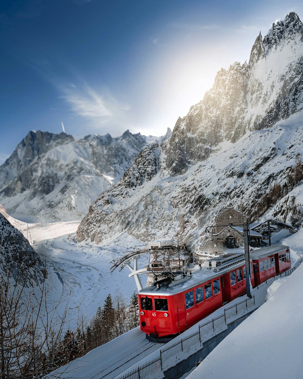 昼間の雪山を走る紅白列車