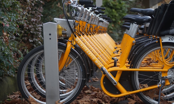 yellow bicycle with black wheel