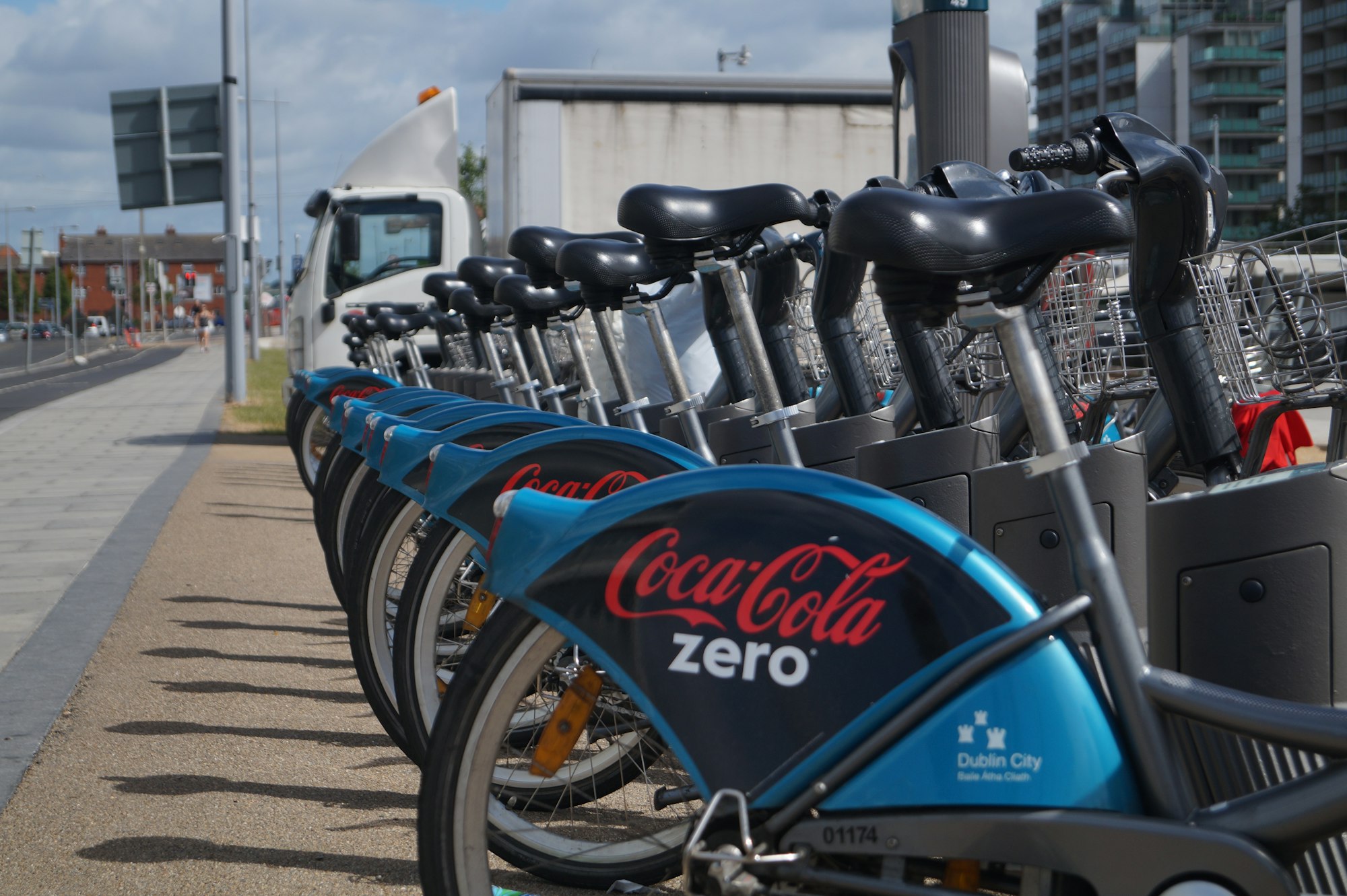 Bikesharing bicycles in a row in Dublin