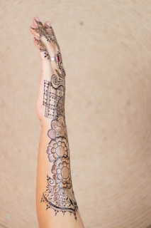 An intricately designed henna or mehndi pattern adorns a person's arm and hand, featuring floral and geometric motifs. The person is wearing a ring with a red gemstone on their finger.