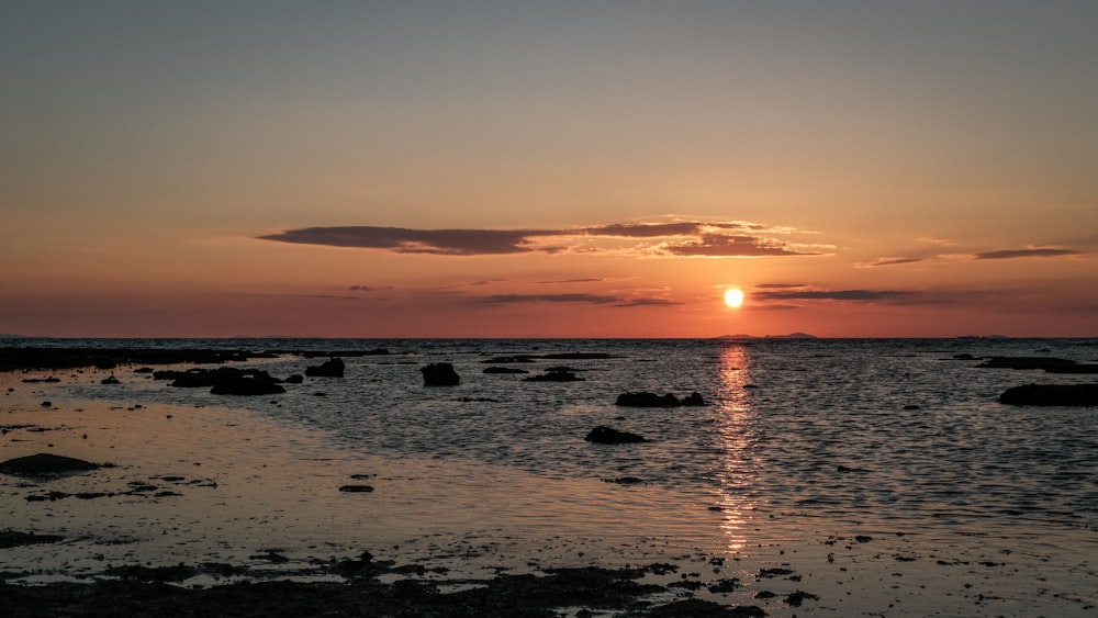 body of water during sunset