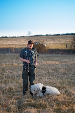 A person dressed in a dark uniform stands in a grassy field holding a leash. A large, fluffy white dog wearing a 'security' vest is sitting on the ground next to the person. The background includes a grassy hill with a lone tree and a clear blue sky.