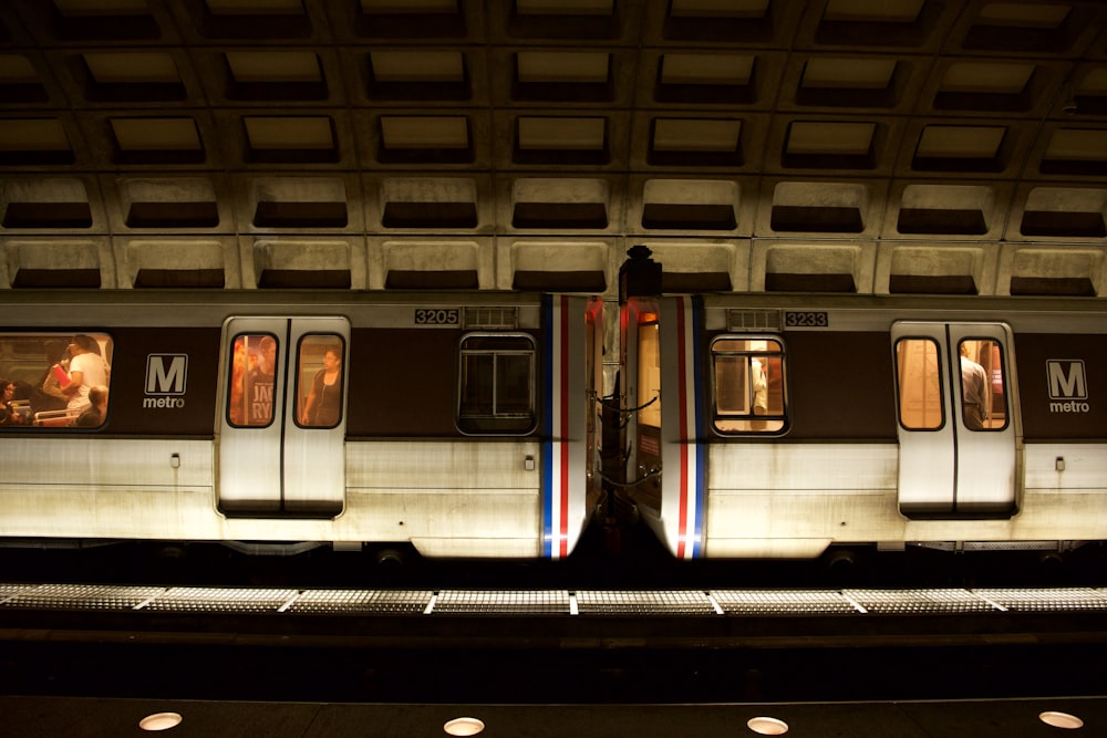 white and blue train in a train station