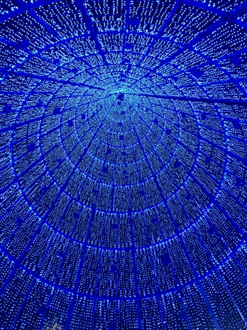A mesmerizing pattern of blue lights forms a circular, tunnel-like structure against a dark background, creating an illusion of depth and infinite space.