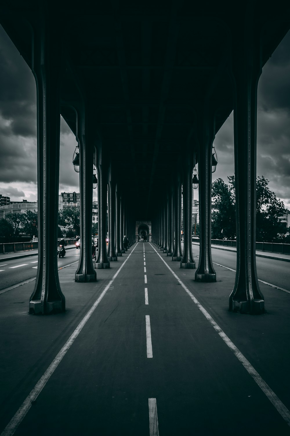 grayscale photo of a bridge