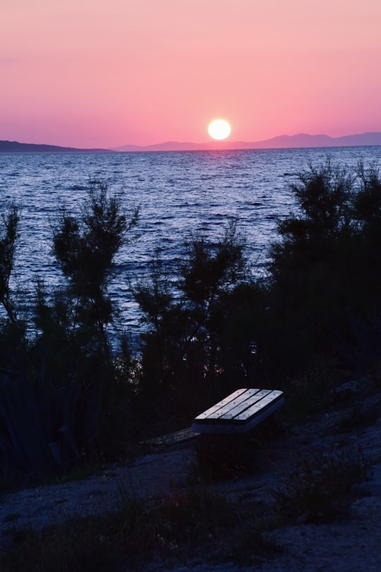 brown wooden bench near body of water during sunset in Makarska Croatia