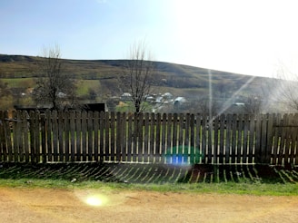 A panoramic view of various fence styles in a sunny landscape.