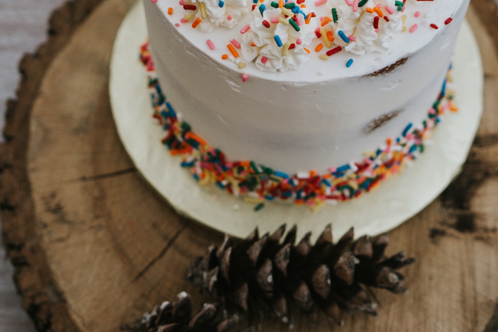 chocolate cake with white icing and sprinkles on white ceramic plate