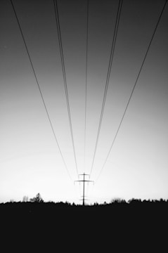 A black and white image depicting power lines stretching into the distance. A utility pole stands in the center, with the lines creating a converging perspective against a gradient sky. The silhouette of a forested area can be seen at the bottom, emphasizing the open expanse of the sky.