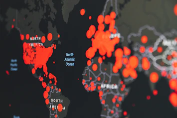 A world map with glowing points marking our international trade connections.