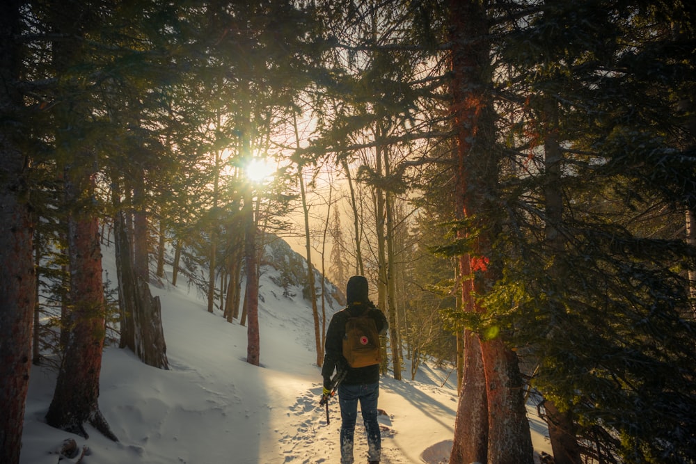 man in black jacket and black pants walking on snow covered ground surrounded by trees during