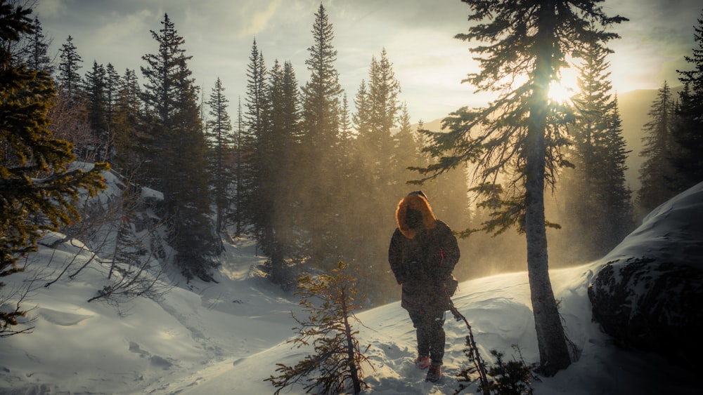 person in black jacket standing on snow covered ground near trees during daytime