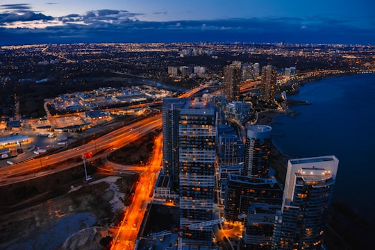 aerial view of city buildings during night time in Humber Bay Canada