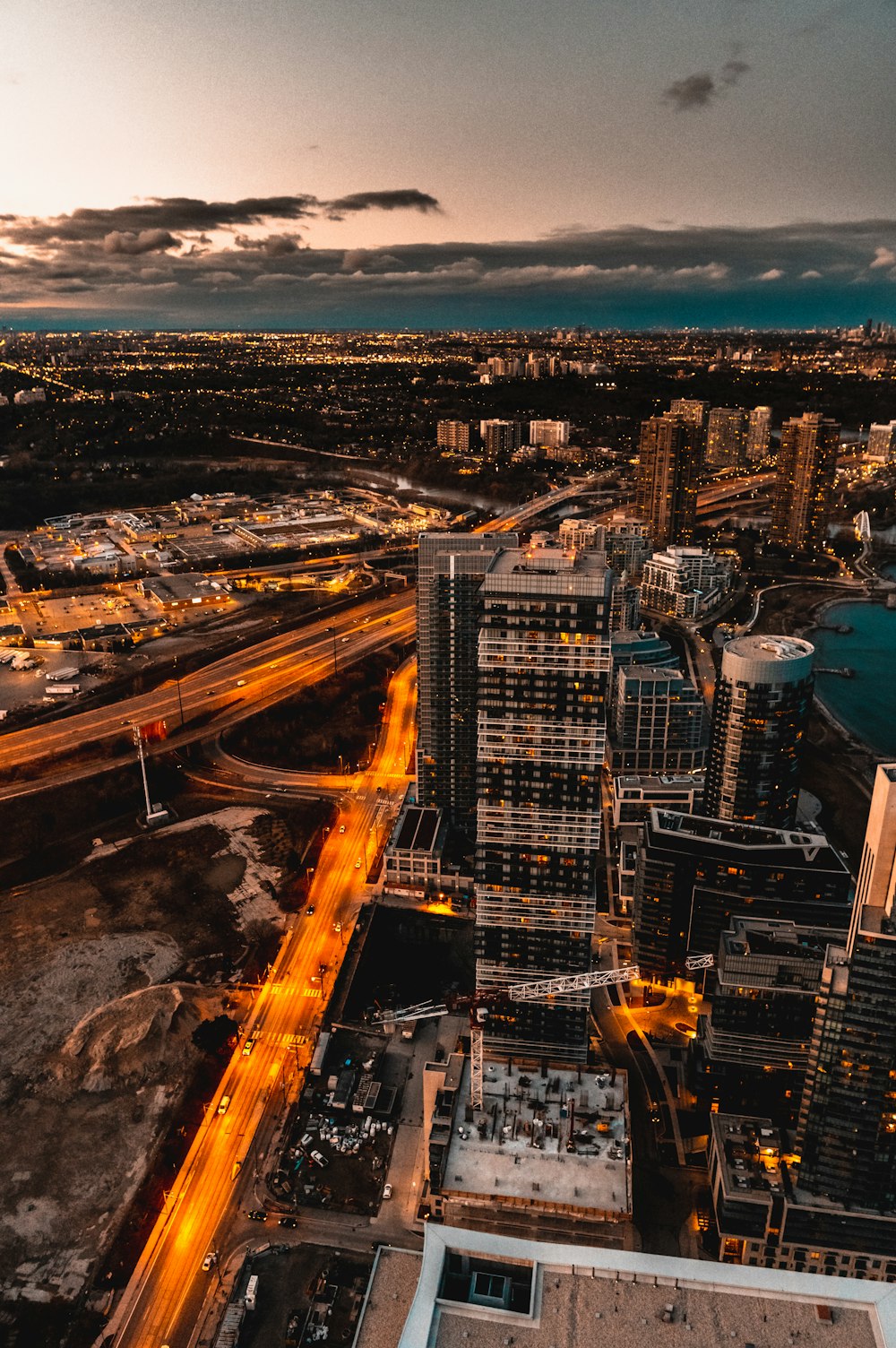 aerial view of city buildings during night time