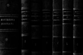 A collection of old, leather-bound books with ornate detailing and faded text is aligned vertically. The titles suggest they are written in Portuguese, with references to exercises of perfection and Ignatian texts. The texture of the leather and the aged appearance of the books convey a sense of history.