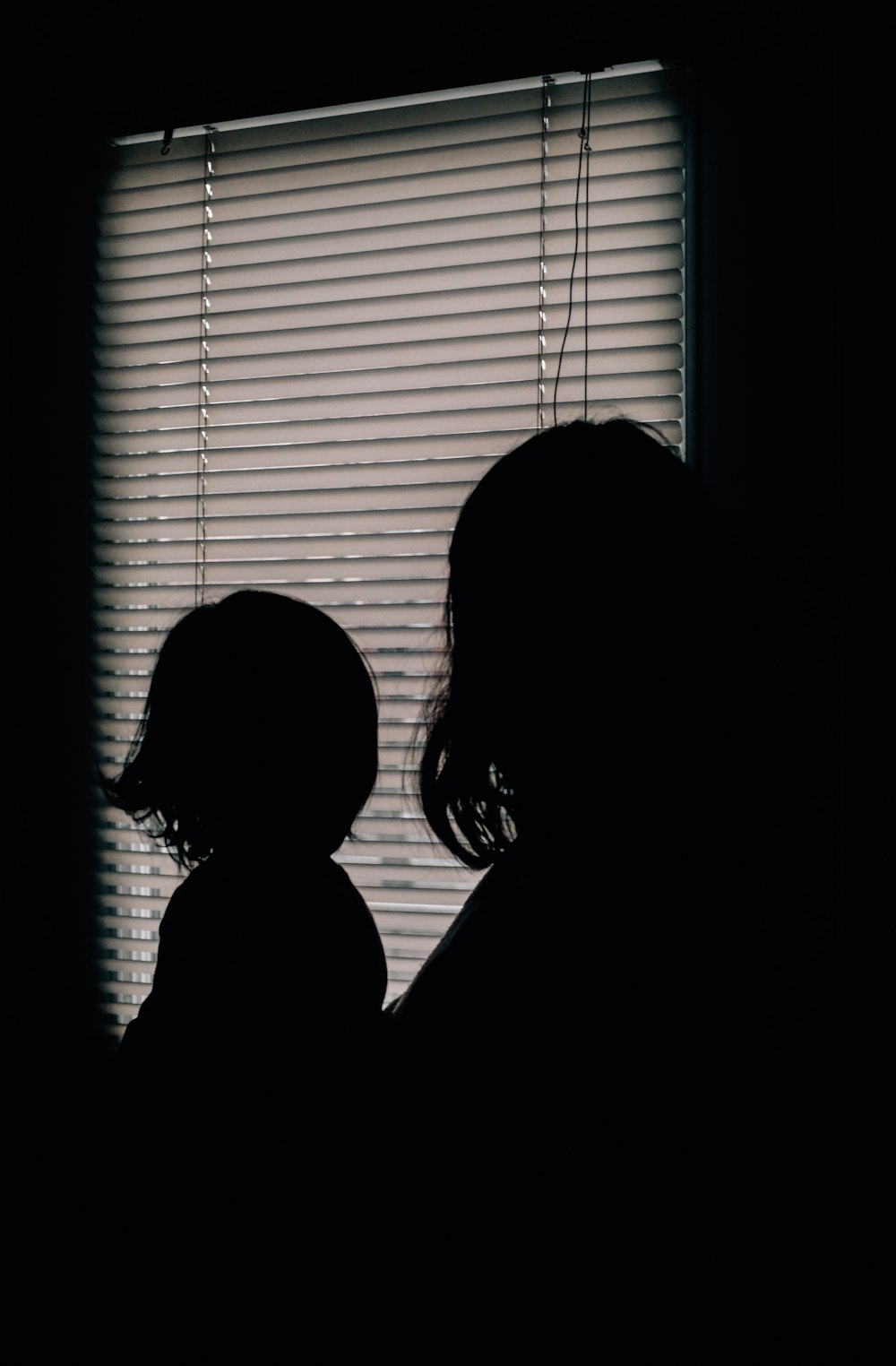 silhouette of 2 women standing near window with white window blinds