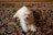 A small, fluffy white dog is lying on a richly patterned carpet with intricate floral designs. The dog appears relaxed and content.
