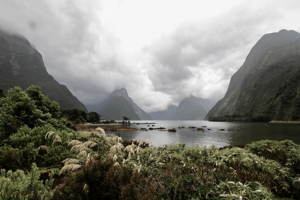 green grass near lake and mountain under white clouds during daytime