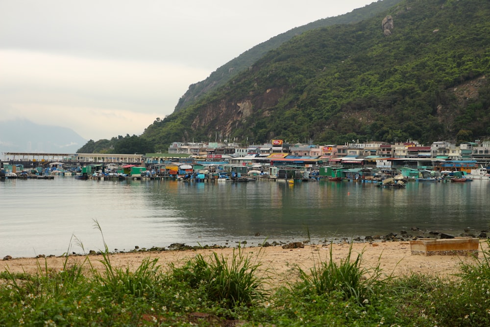 boats on sea near green mountain under white sky during daytime