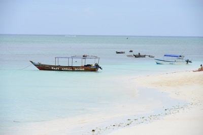 Several wooden boats are anchored near the shore in clear turquoise waters, with a sandy beach in the foreground. On the largest boat, the words 'East Africa Diving' are visible. A couple of people are sitting on the beach, enjoying the serene view of the ocean. The sky is clear with a slightly overcast hue.