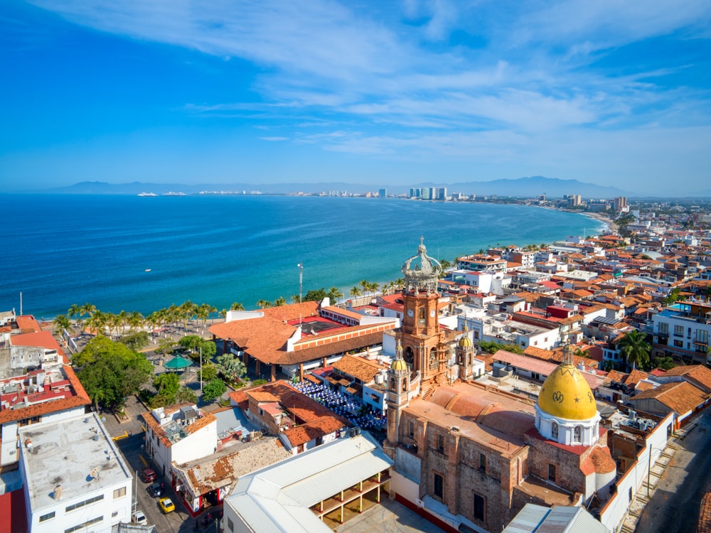 aerial view of city buildings near sea during daytime