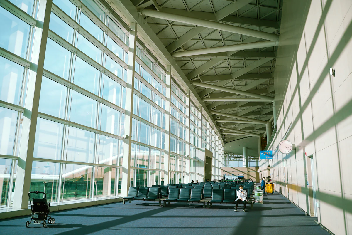 Departure gate walkway at an international airport terminal