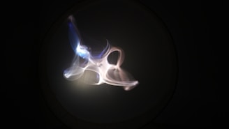 A dark background with swirling, ethereal light patterns in the center. The light forms abstract shapes with a blend of white and blue hues, resembling a mystical or ghostly appearance.