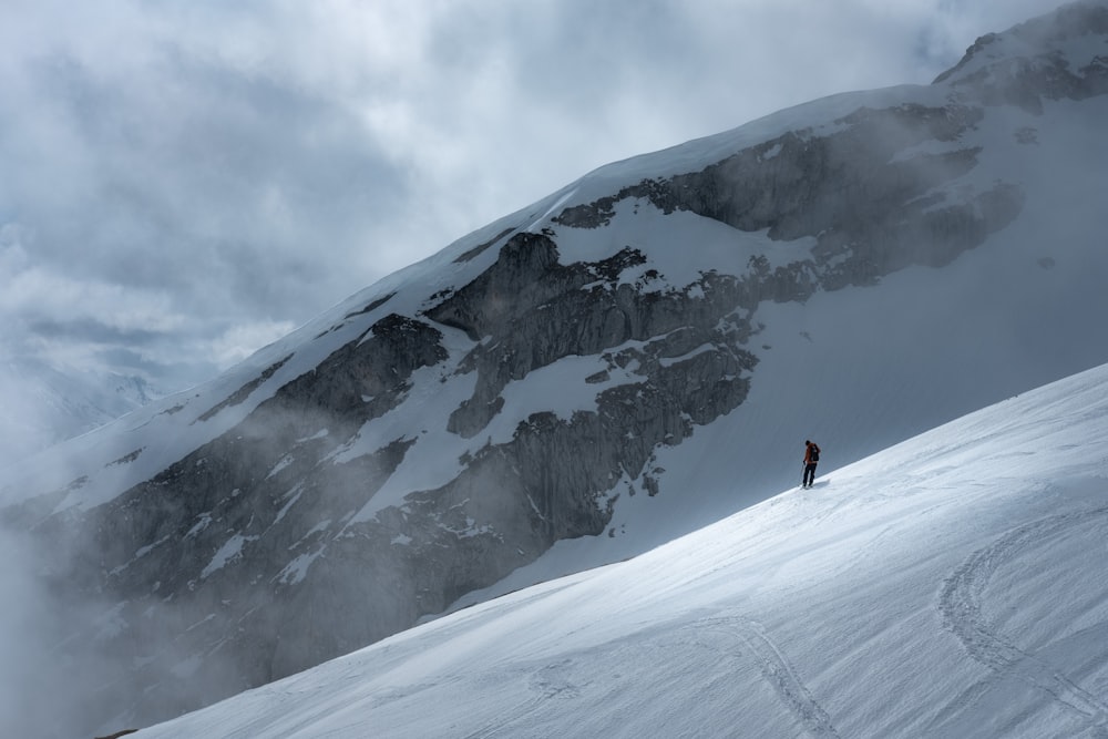 personne en veste rouge et pantalon noir debout sur une montagne enneigée pendant la journée