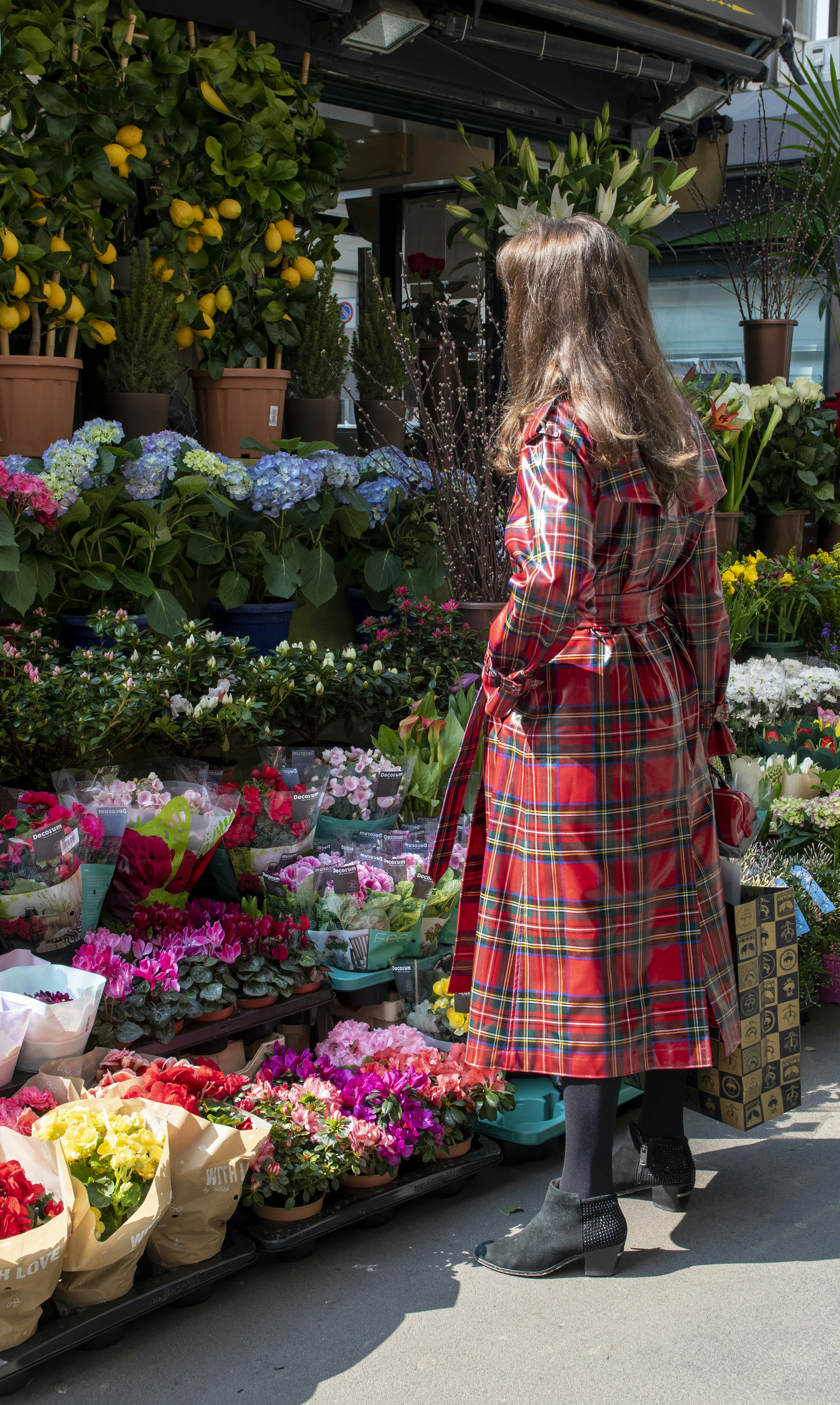 woman in red and white plaid dress standing beside flowers