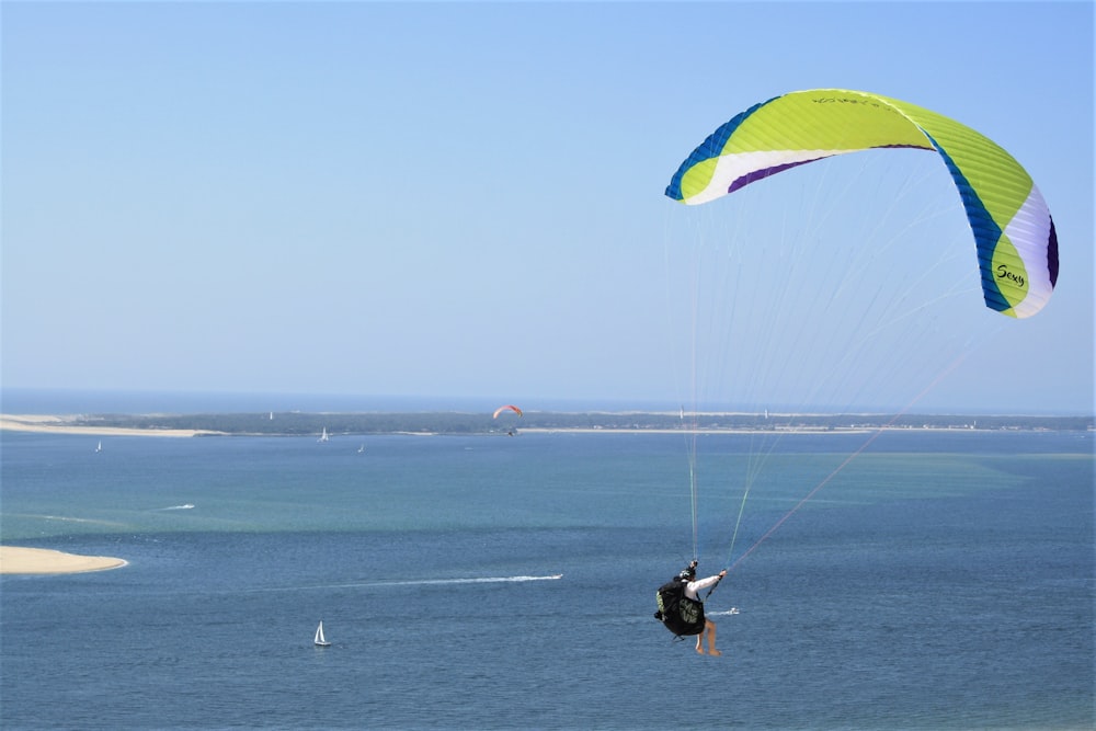 uomo in camicia nera che cavalca il paracadute giallo e verde sopra il cielo blu durante il giorno