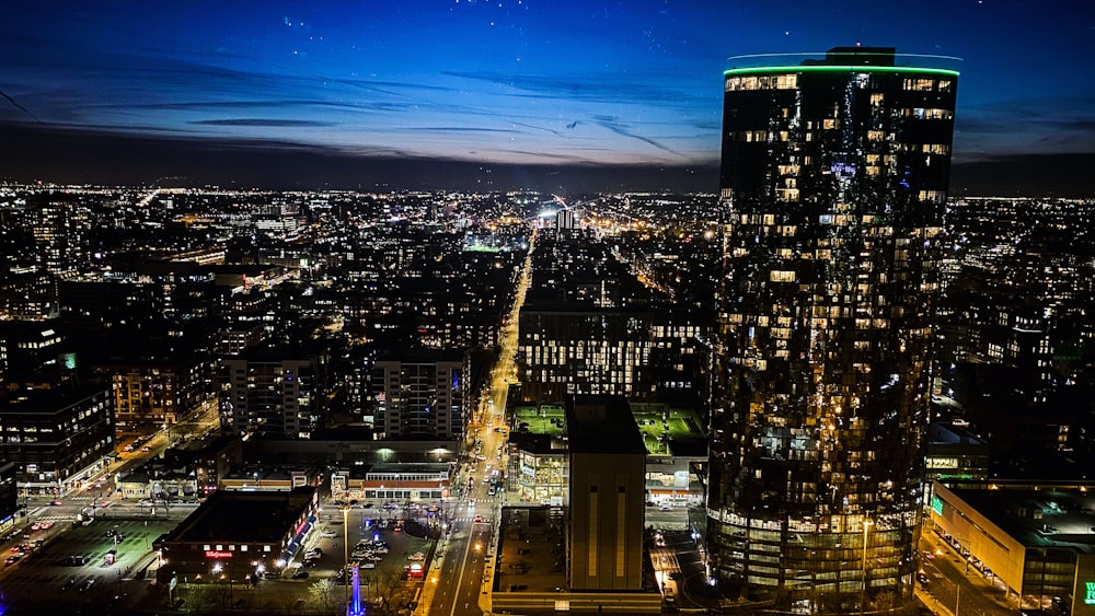 aerial view of city buildings during night time