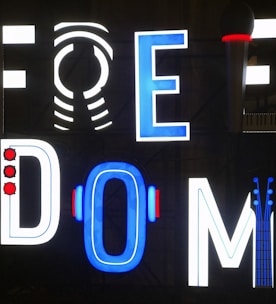 Brightly lit neon signage spelling the word 'FREEDOM'. Each letter is creatively designed with unique elements, such as sound waves, microphones, and musical notes, adding an artistic touch to the vibrant display.