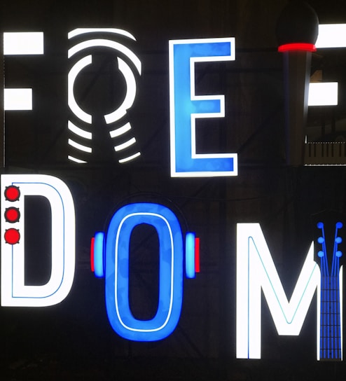 Brightly lit neon signage spelling the word 'FREEDOM'. Each letter is creatively designed with unique elements, such as sound waves, microphones, and musical notes, adding an artistic touch to the vibrant display.