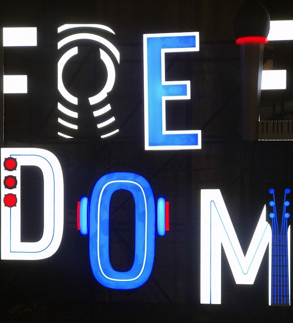 Brightly lit neon signage spelling the word 'FREEDOM'. Each letter is creatively designed with unique elements, such as sound waves, microphones, and musical notes, adding an artistic touch to the vibrant display.