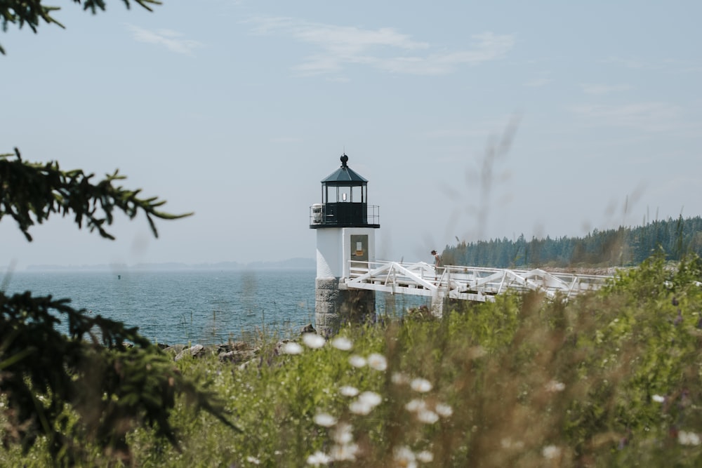 white and black lighthouse near body of water during daytime