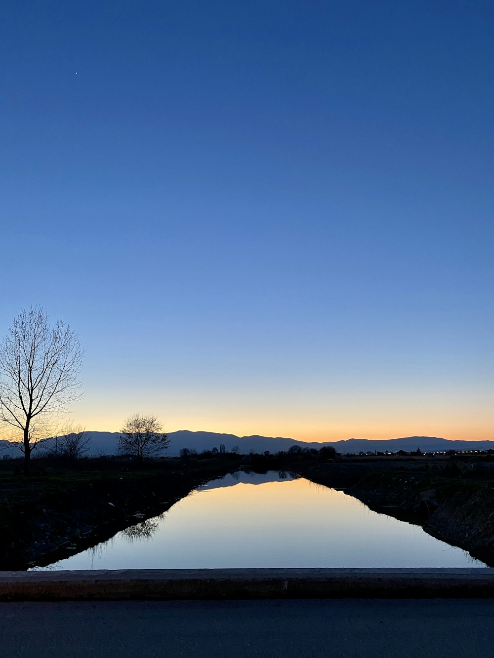 body of water near trees during sunset