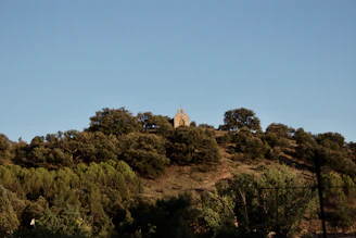 A serene sunrise over a quiet chapel surrounded by nature.