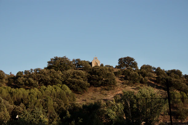 A serene sunrise over a quiet chapel surrounded by nature.