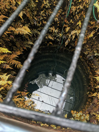 Close-up of a borewell recharge system installation surrounded by lush greenery.