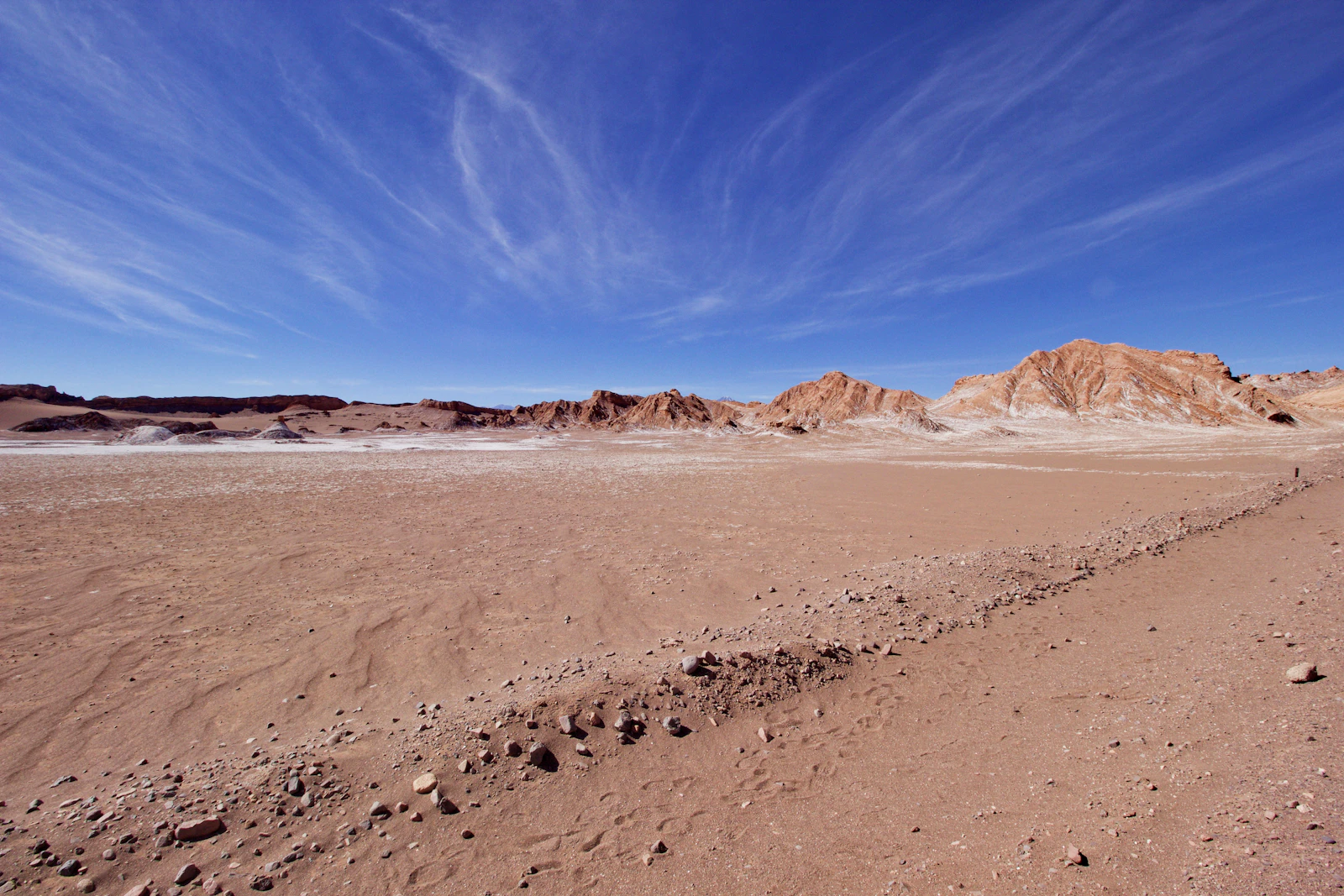 The bare sand and rock of the Atacama Desert under a cloudless sky near San Pedro